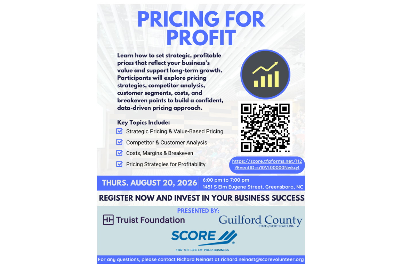 Pricing for Profit workshop flyer for the August 20th event.