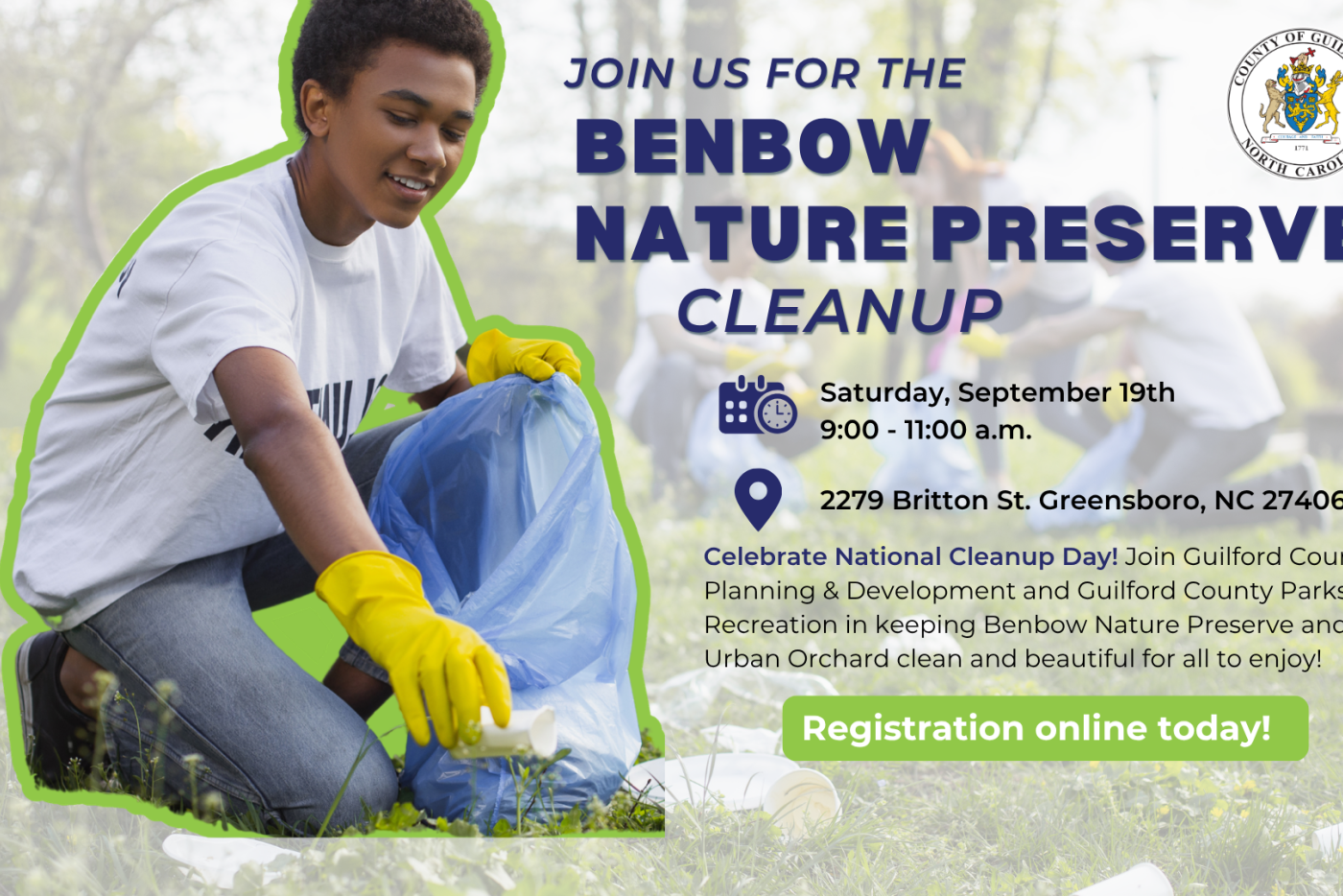 Volunteer picking up trash in a park during Benbow Nature Preserve cleanup event in Greensboro