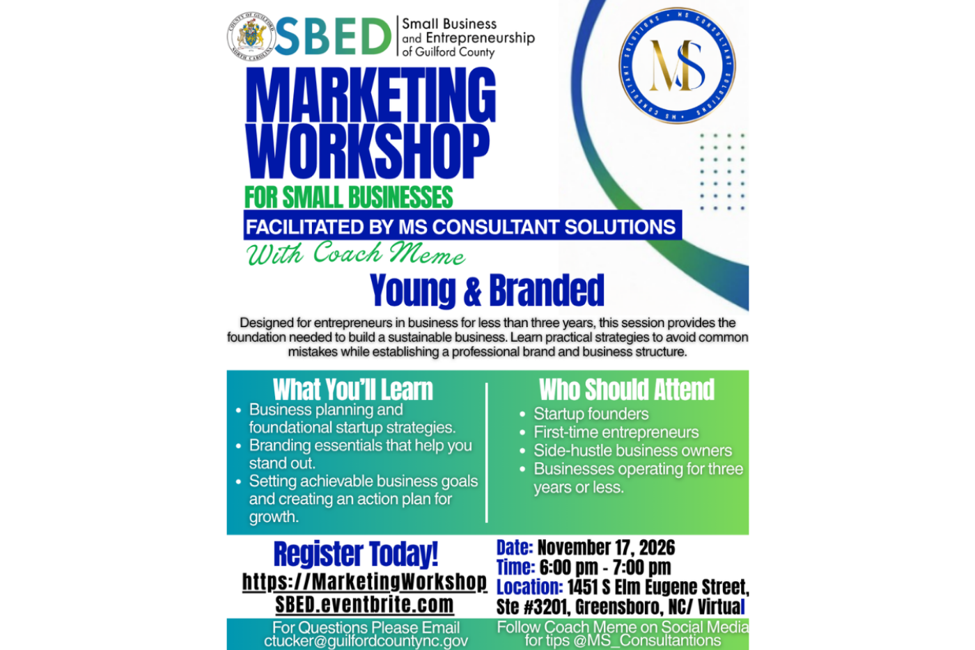 Marketing workshop for small business flyer for the November 17 session.