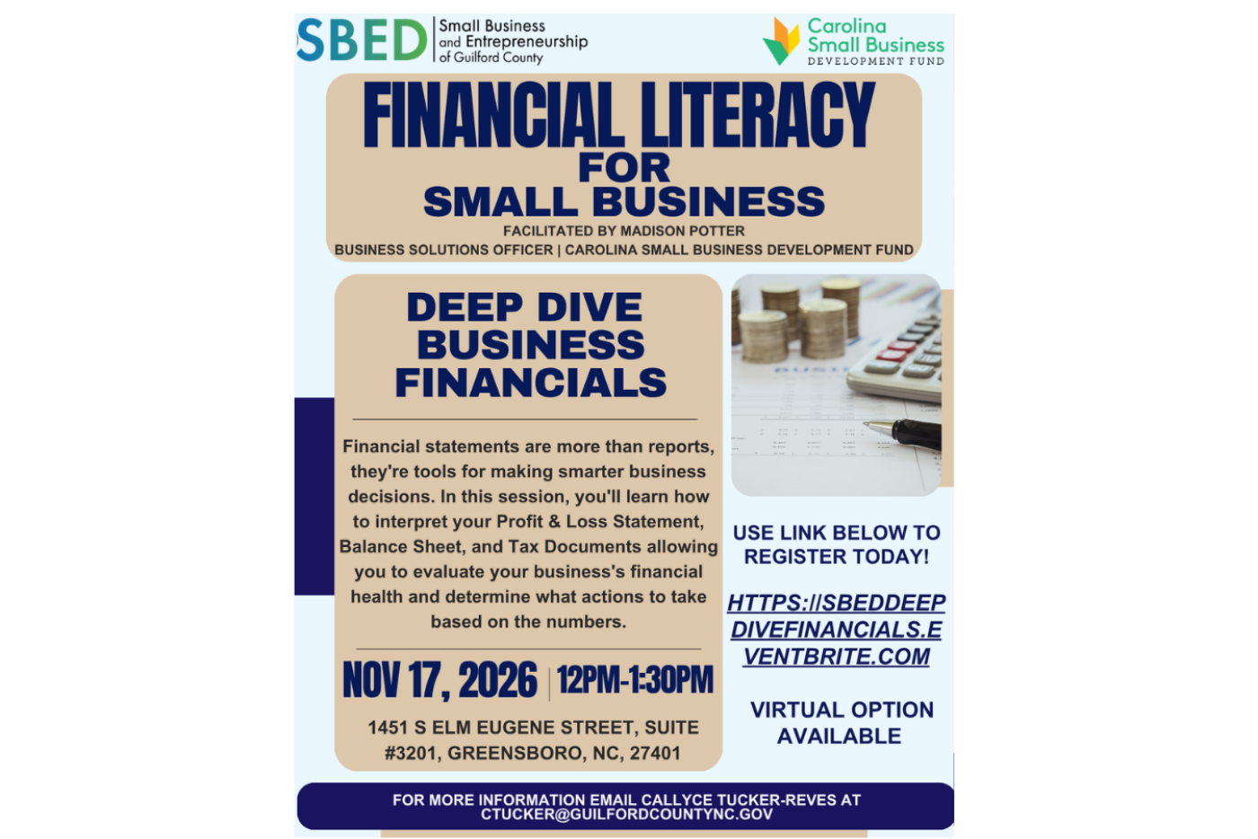 Financial Literacy Workshop for Small Business flyer on November 17, 2026.