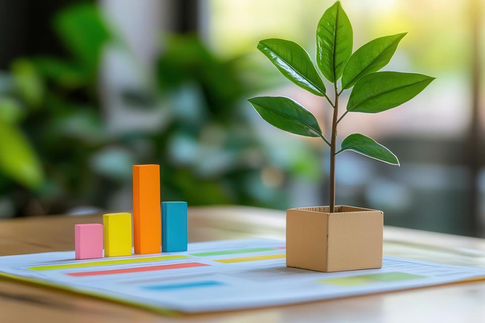 A three dimensional bar graph of four standing blocks beside a small, green, leafy plant.