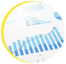 A variety of line and bar graphs using shades of blue.