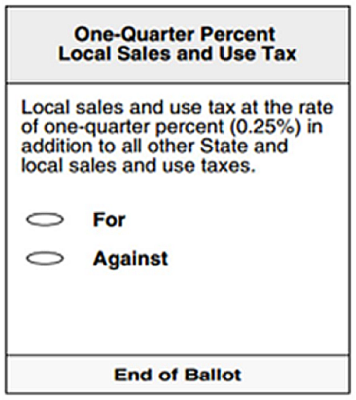 One-Quarter Percent Local Sales and Use Tax ballot with the option to vote either For or Against the local sales and use tax at the rate of one-quarter percent (0.25%) in addition to all other State and local sales and use taxes.
