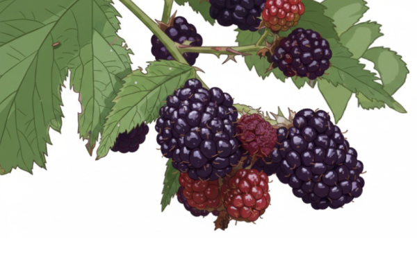 Blackberries on plant with some dark, ripe and others still red and not ripe yet.
