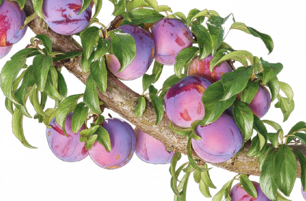 Plums growing on a tree.