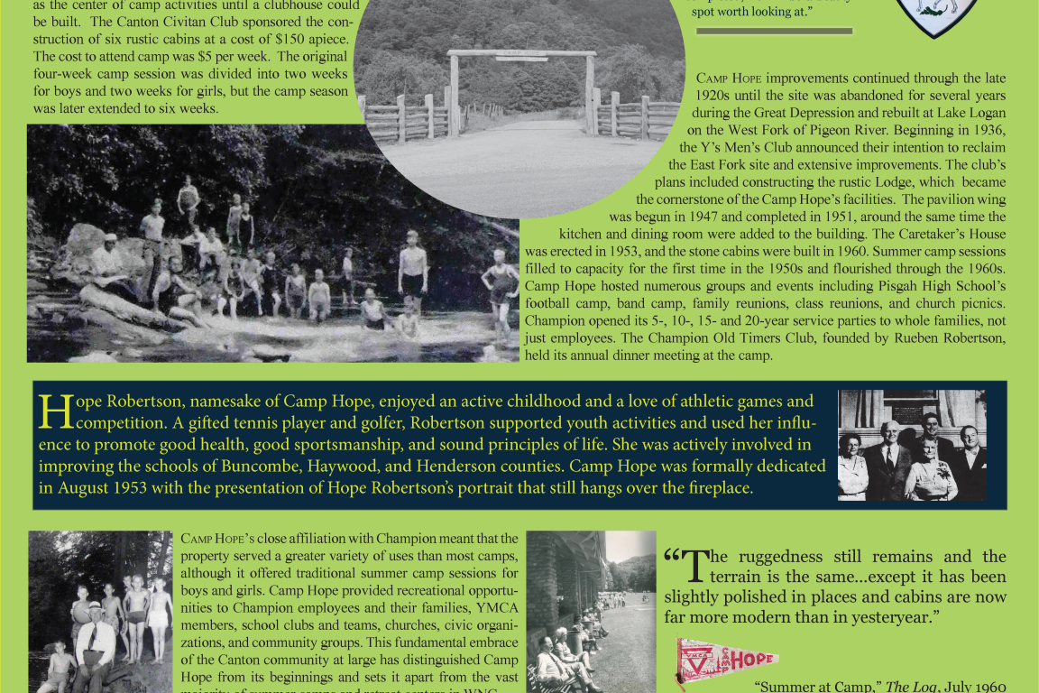 Green color themed interpretive panel for Camp Hope