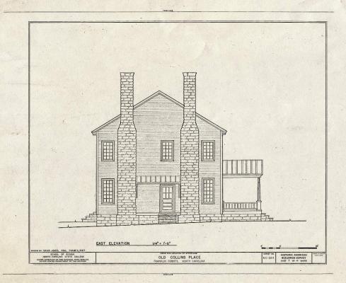 Architectural rendering of the side of a two story house with two brick chimneys and a porch