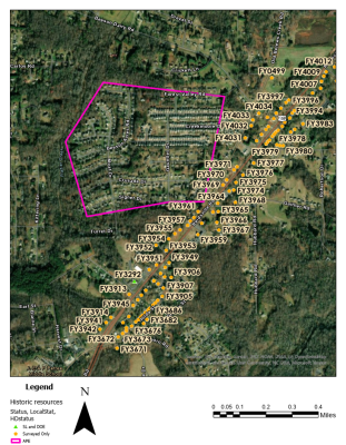 Map of the project area limits in pink and nearby recorded historical properties marked by an orange pentagon and labeled with their site number.