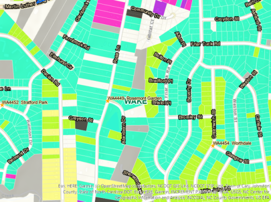 Map showing parcel boundaries color coded by the decade when a building was constructed