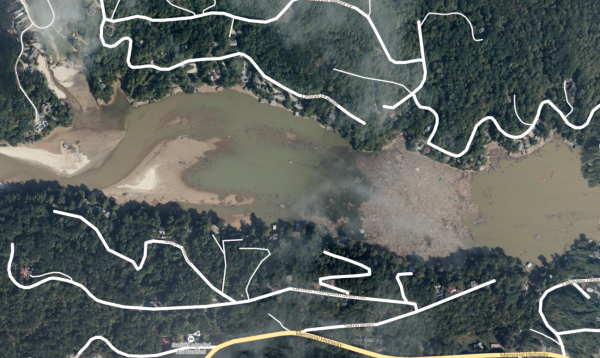 September 2024 Satellite image of Hurricane Helene debris piled in Broad River at the mouth of Lake Lure, Rutherford County, North Carolina