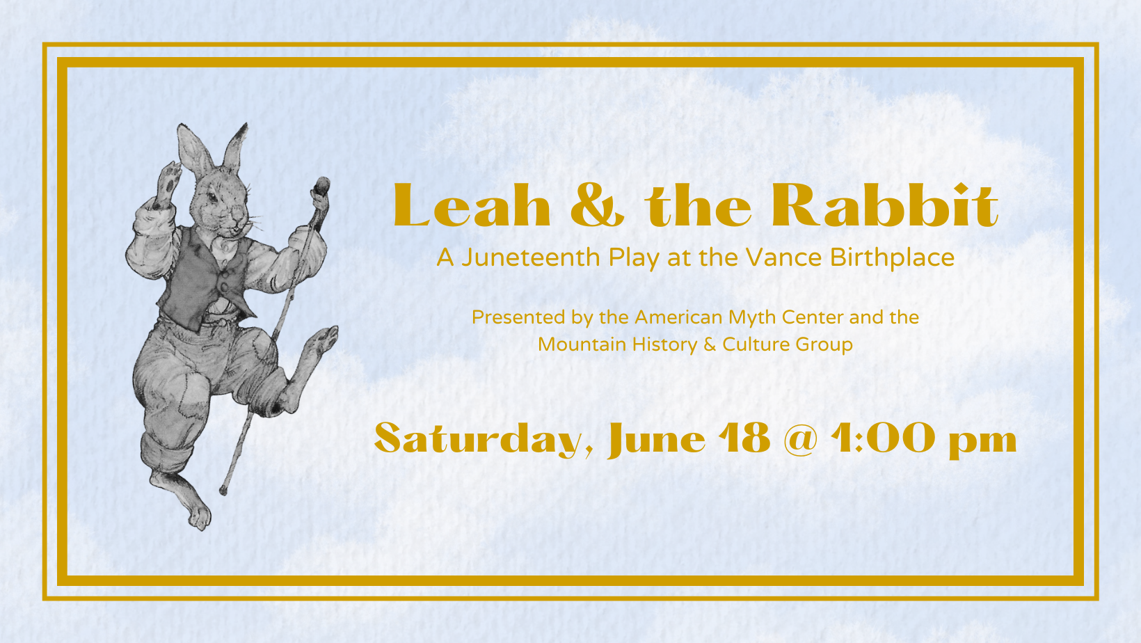 A sketch of an anthropomorphic rabbit next to gold text over a sky-blue background