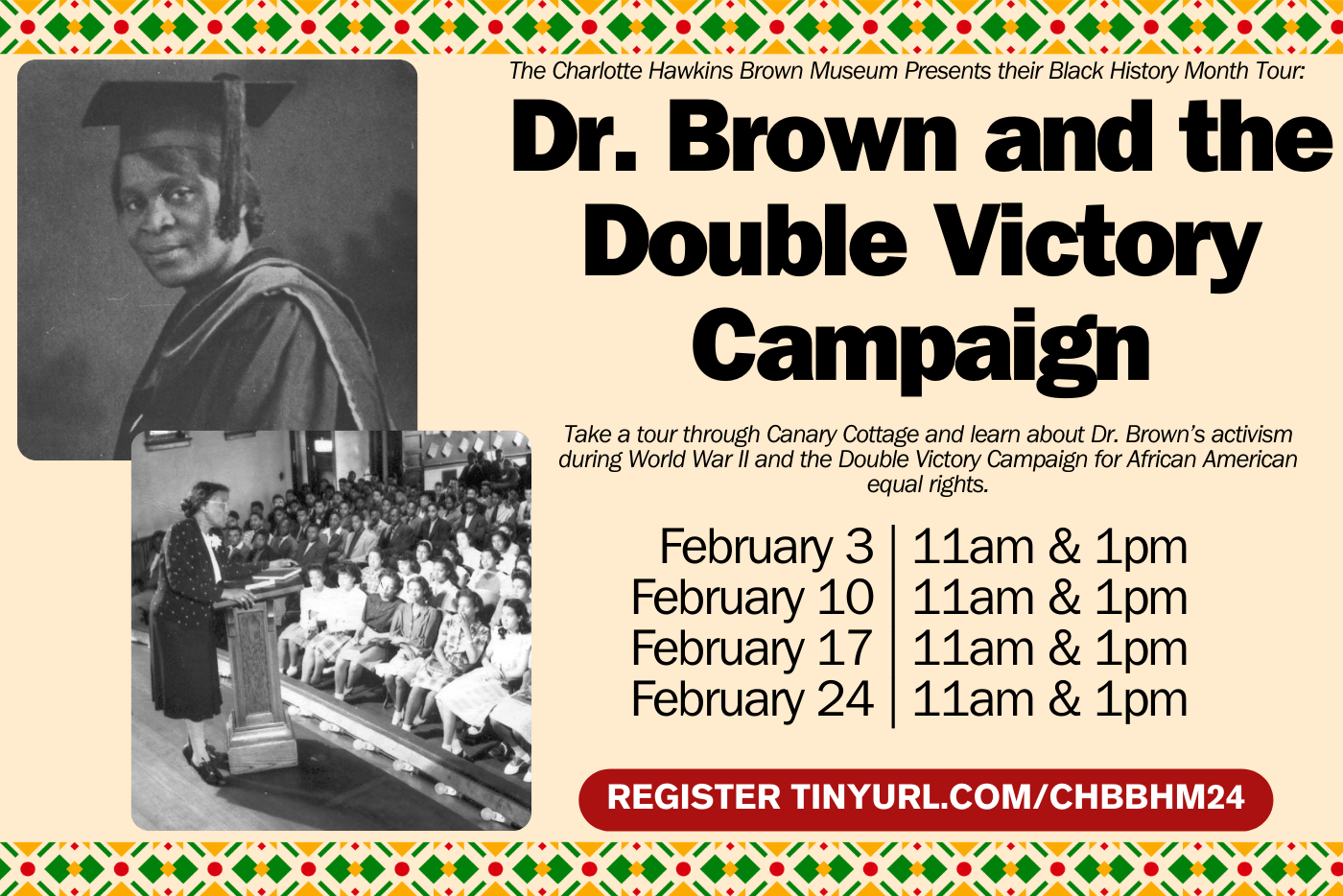 Flyer for tours, has two images of Dr. Brown in black and white. One photo is of her in a cap and gown the other is of her lecturing at a podium to students. Details about tours included on flyer and on this page.