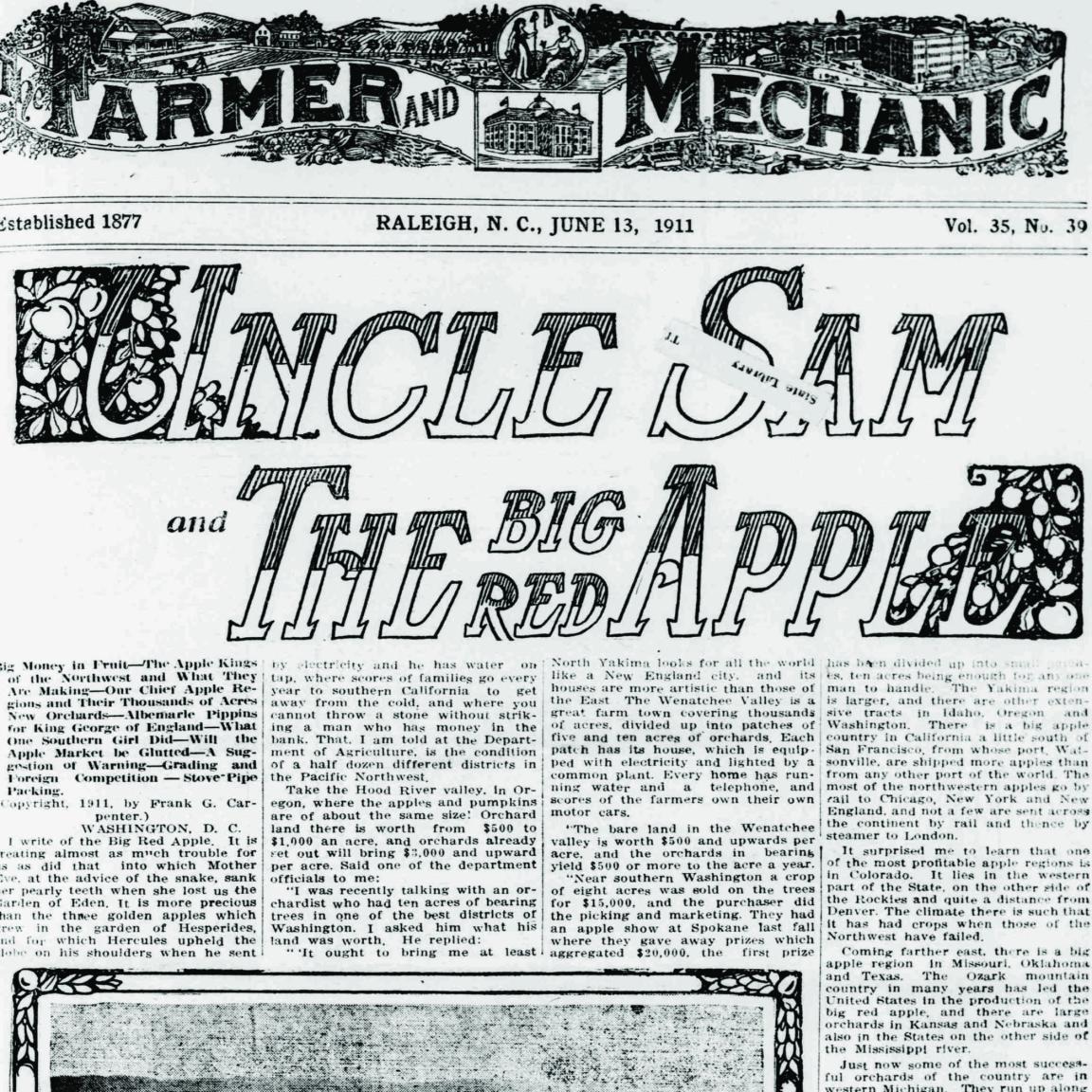 Front page of Farmer and Mechanic newspaper with the headline Uncle Sam and the Big Red Apple
