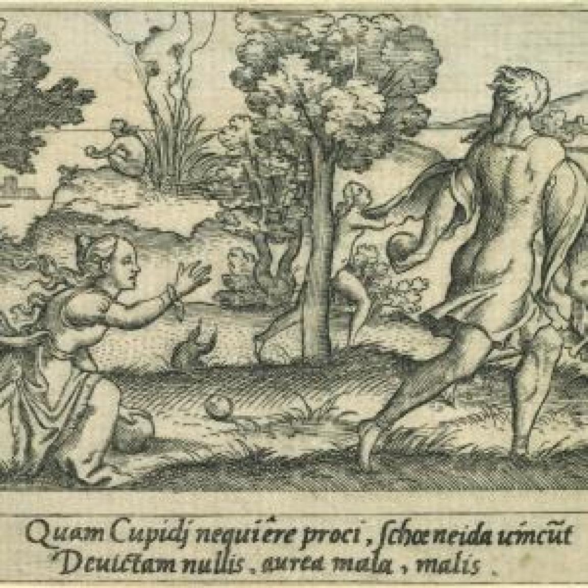 Antique drawing of a woman trying to capture an apple from a man