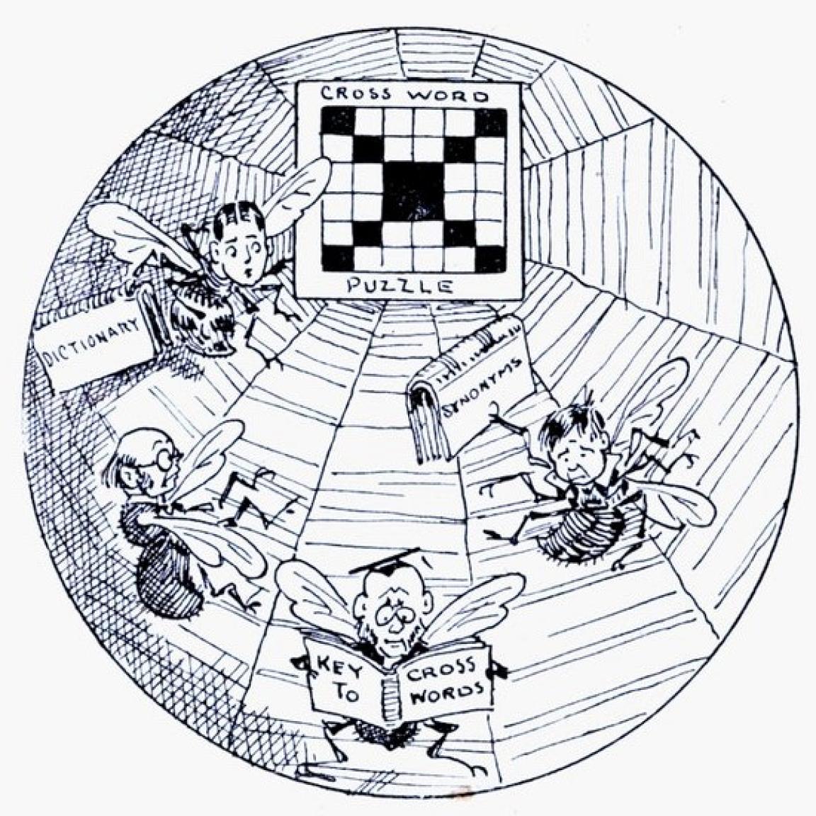 Vintage cartoon of flies on a spider web with a crossword puzzle