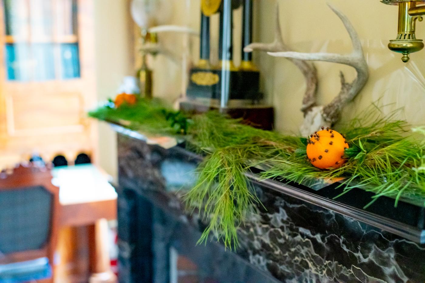 Christmas decorations on the marble mantel