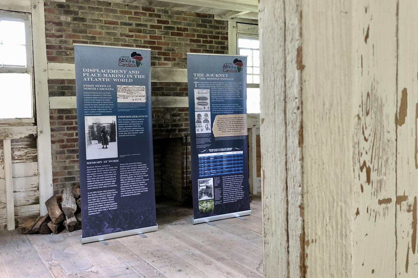 Looking through the doorway at the exhibit panels. 