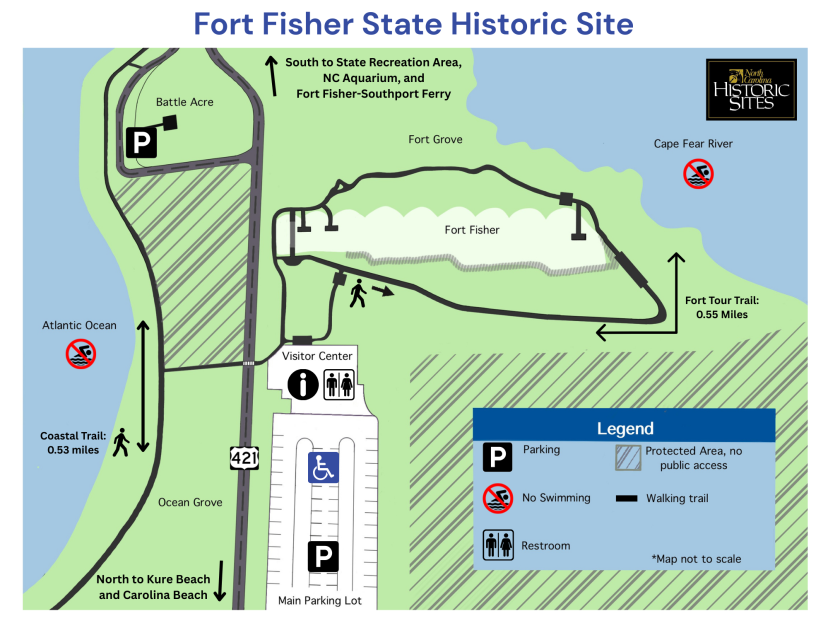 Fort Fisher site map, showing the layout of site buildings and walking trails.