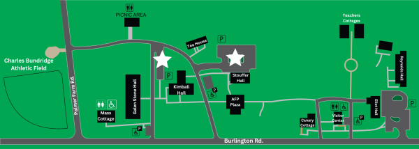 Image shows a map of Charlotte Hawkins Brown Museum State Historic Site with two large white stars where parking is located for events. Follow directions to 6134 Burlington Rd Gibsonville, NC 27249 for most accurate directions.