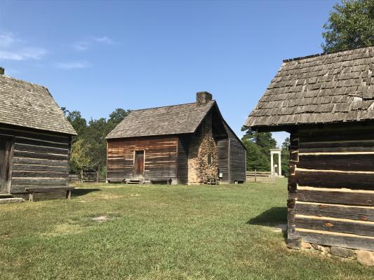 Exterior of Bennet house, kitchen and smokehouse.