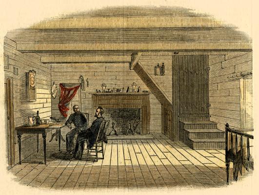 engraving of interior of James Bennett’s house during surrender negotiations 