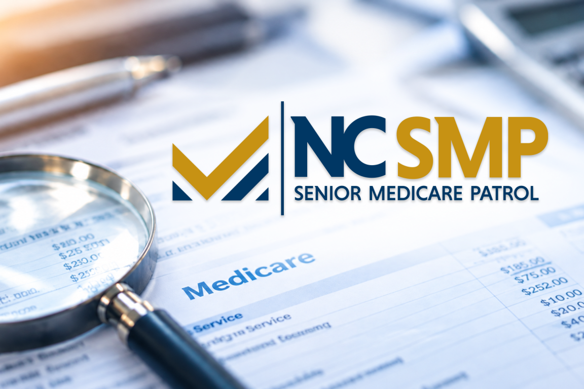 Magnifying Glass, medicare document and NCSMP Logo