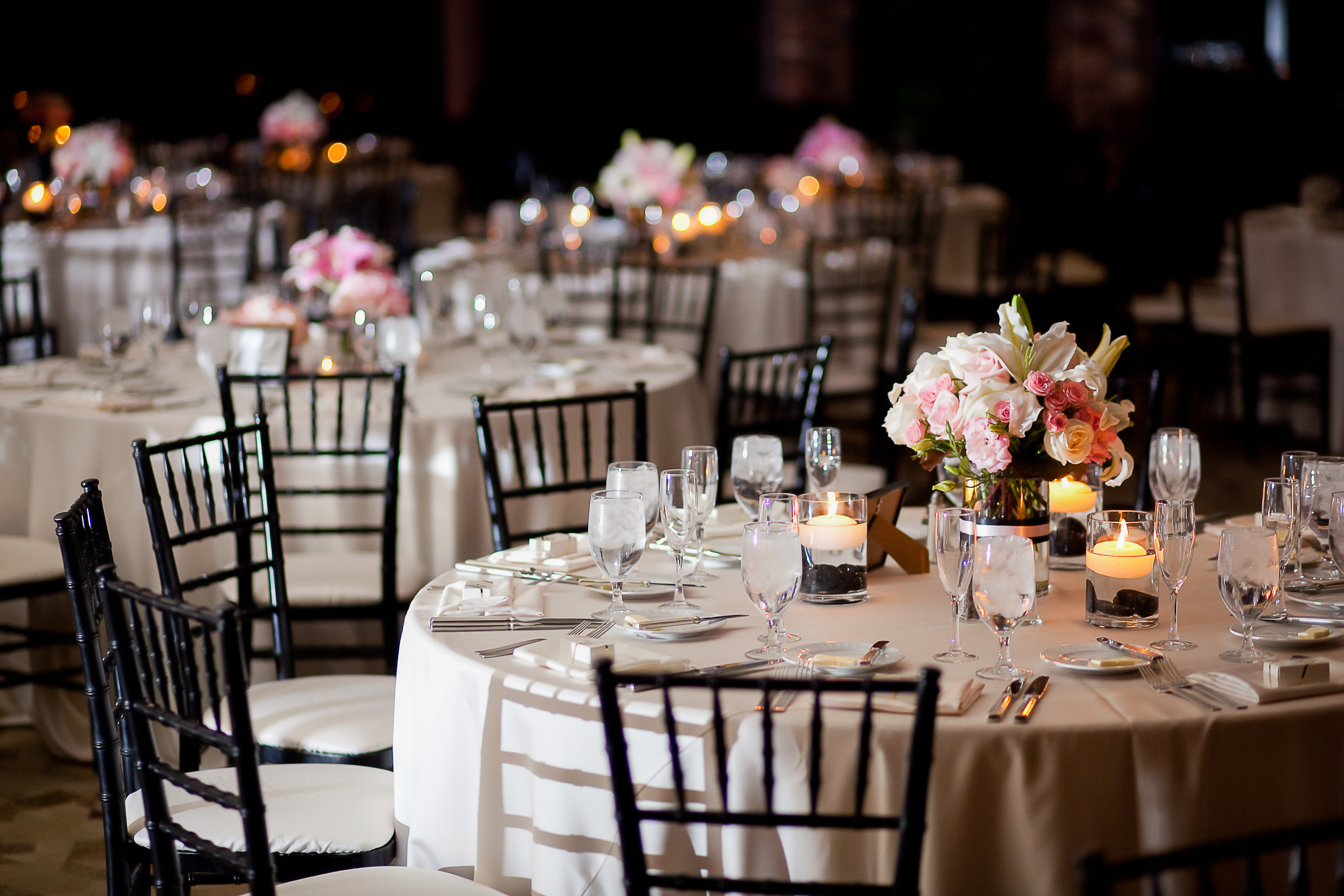 Banquet hall with a set table and flowers Banquet hall with a set table and flowers