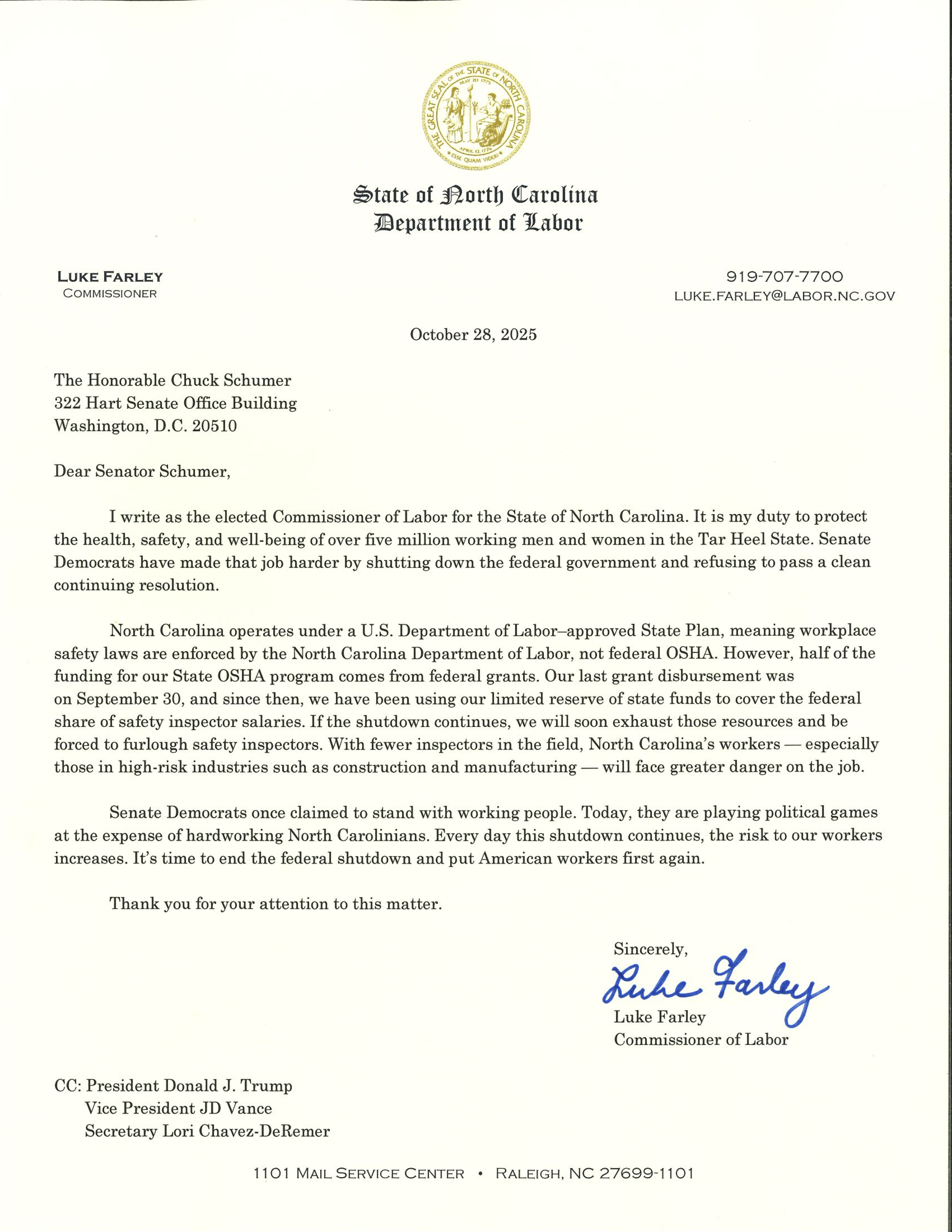 Labor Commissioner Luke Farley Issues Letter to Senate Minority Leader Schumer Urging an End to the Federal Shutdown