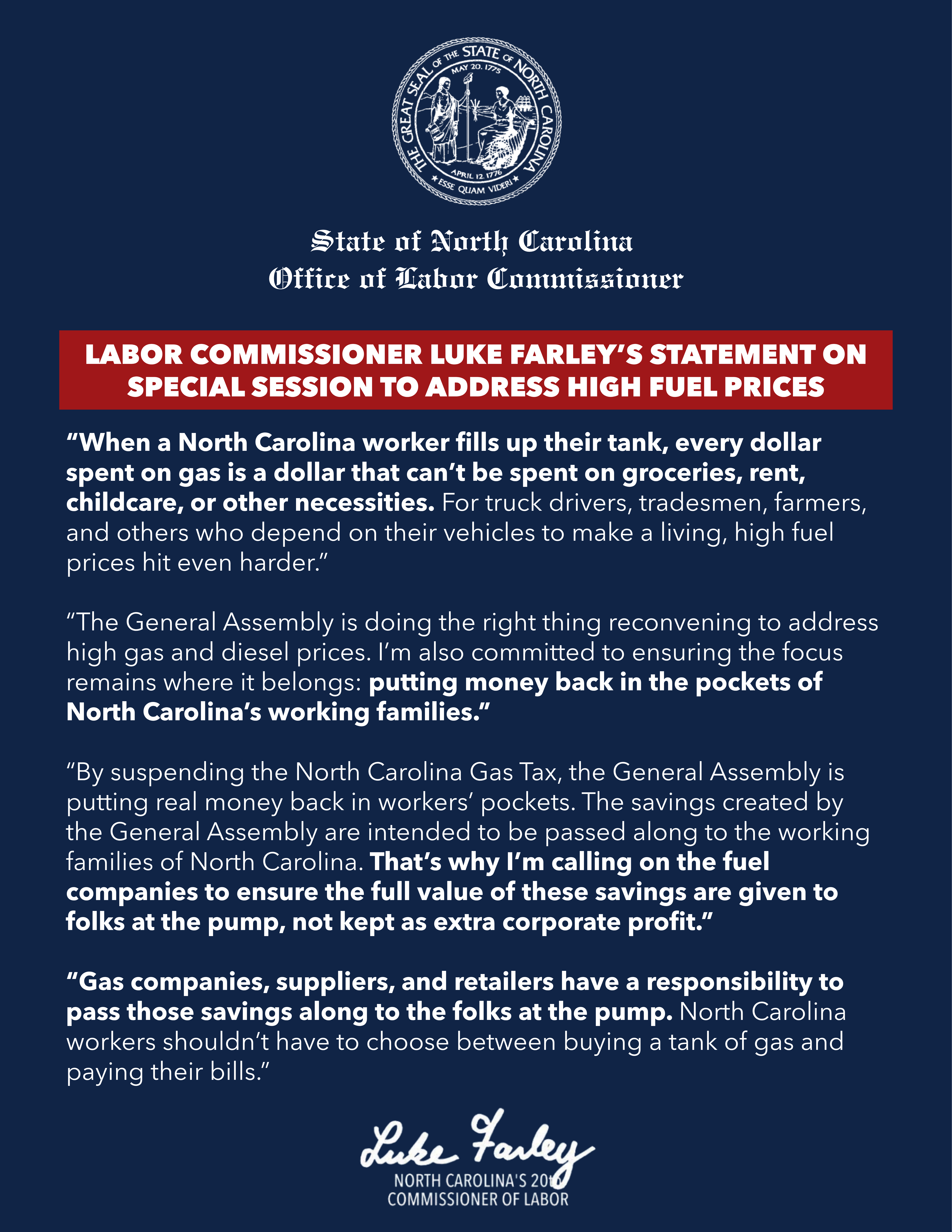 Labor Commissioner Luke Farley's Statement on Special Session to Address High Fuel Prices