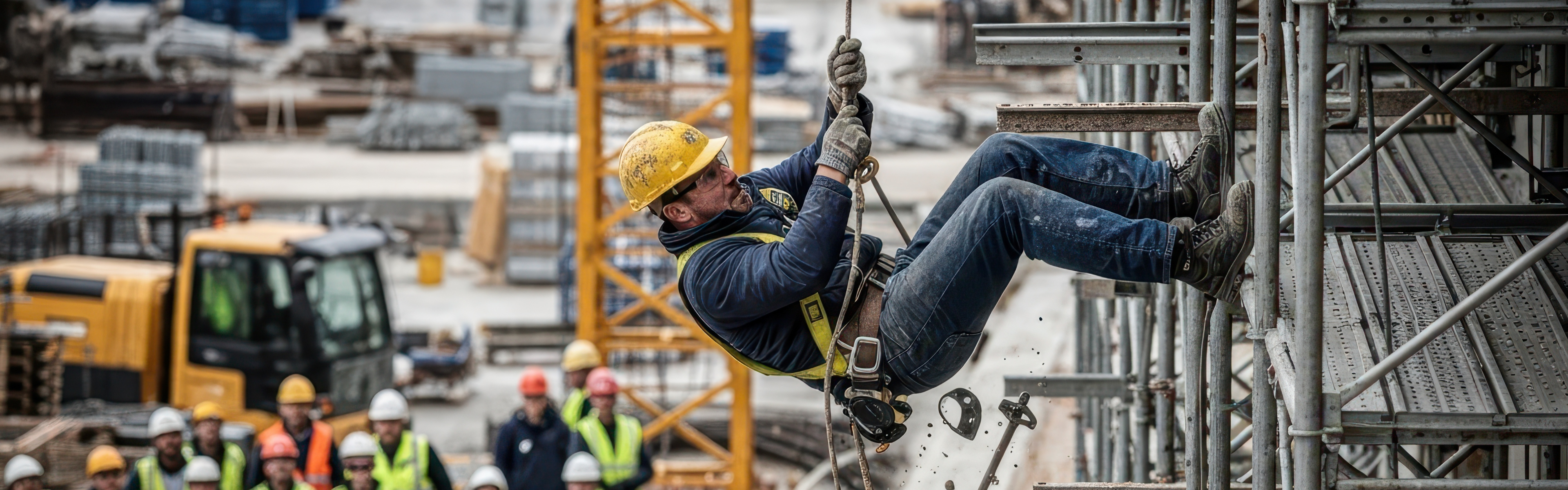 A man falls from a scaffold wearing a harness