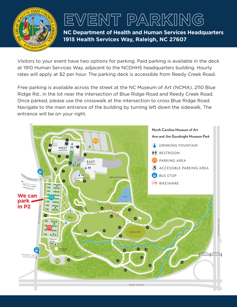 Map of North Carolina Museum of Art and Ann and Jim Goodnight Museum Park showing parking areas P1 through P4, greenways, and works of art
