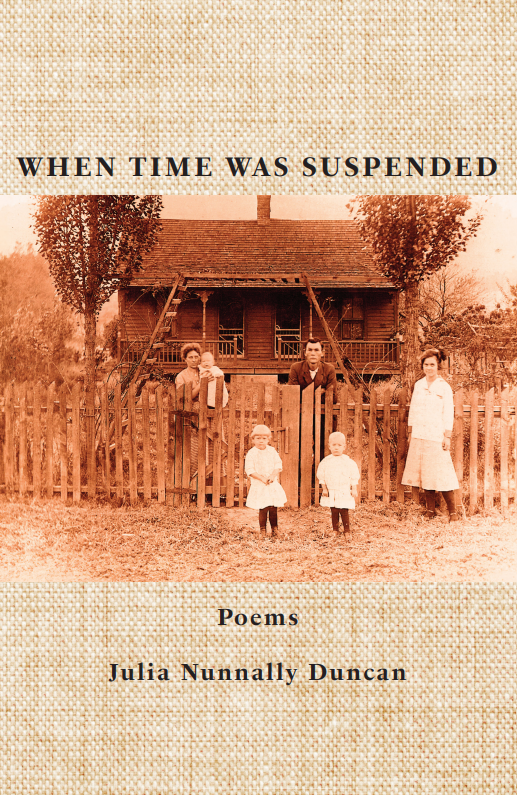 cover of book, family in sepha tone with house in the background