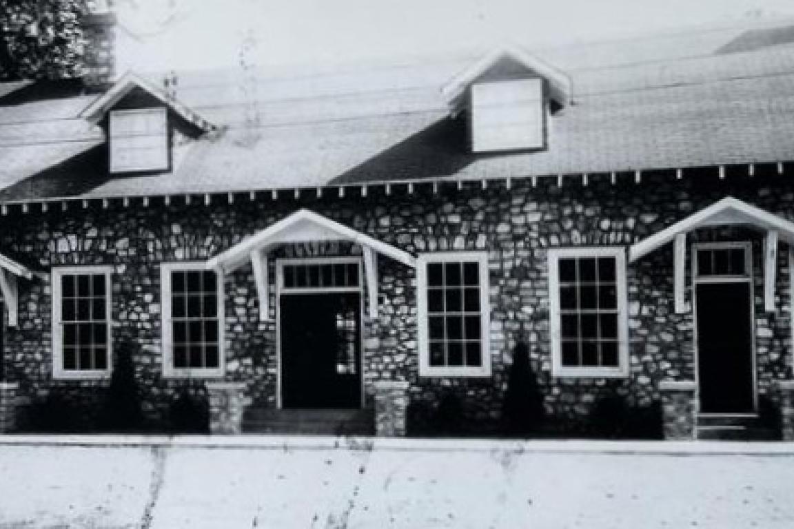 Black and white photo of museum