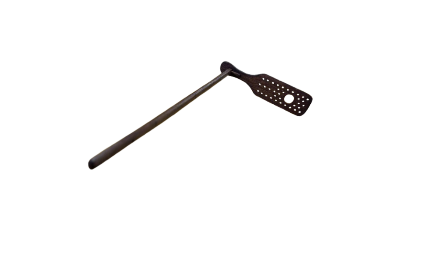 wooden paddle with small holes and a big hole 