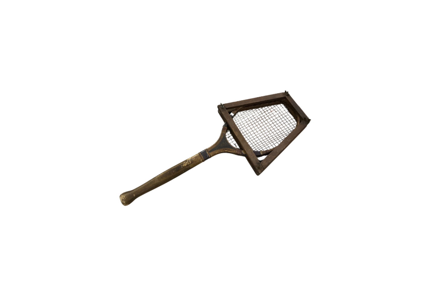 Wooden tennis racket with a wooden press over the netting