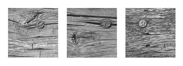three photos of dated nails in wood