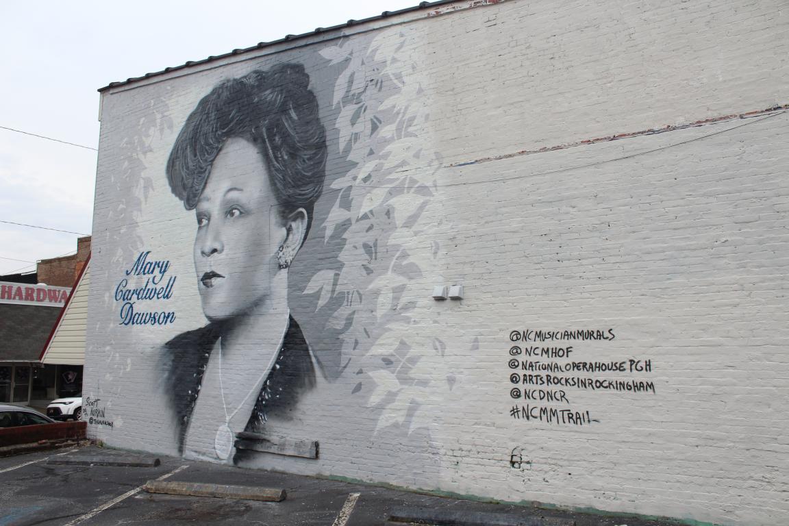 Mural of Mary Cardwell Dawon on the side of a buliding in Madison, NC