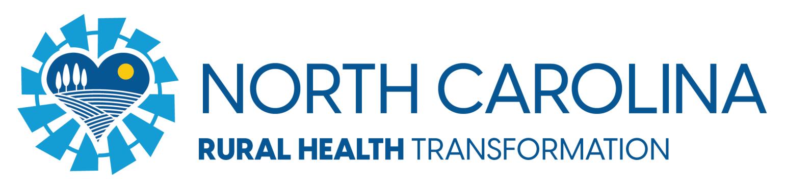 A logo for the North Carolina Rural Health Transformation program. On the left, a circular emblem forms the shape of a heart made from stylized blue geometric shapes. Inside the heart, there is a blue landscape with three white trees, curved field lines, and a yellow sun. To the right of the emblem, the text reads “North Carolina” in large blue letters, with “Rural Health Transformation” in smaller blue letters below.