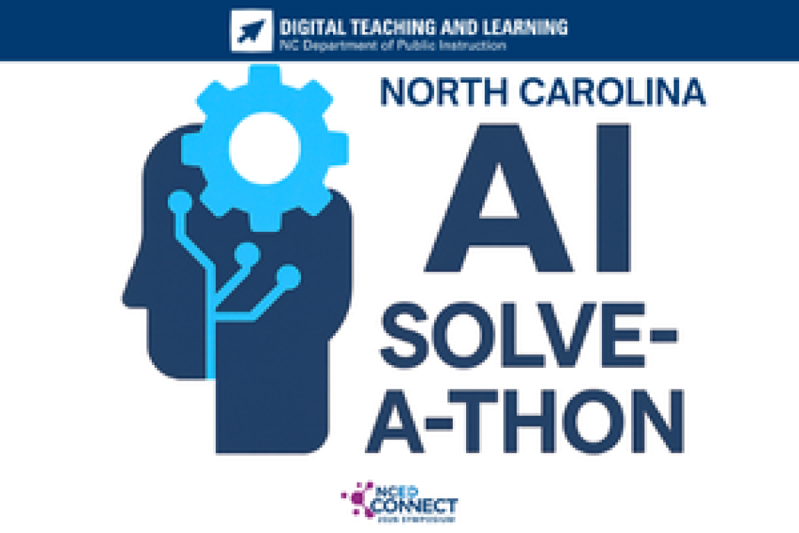 A dark silhouette of a head with circuits and gears indicating critical thinking and the words "North Carolina AI Solve-A-Thon above the NC Ed Connect logo
