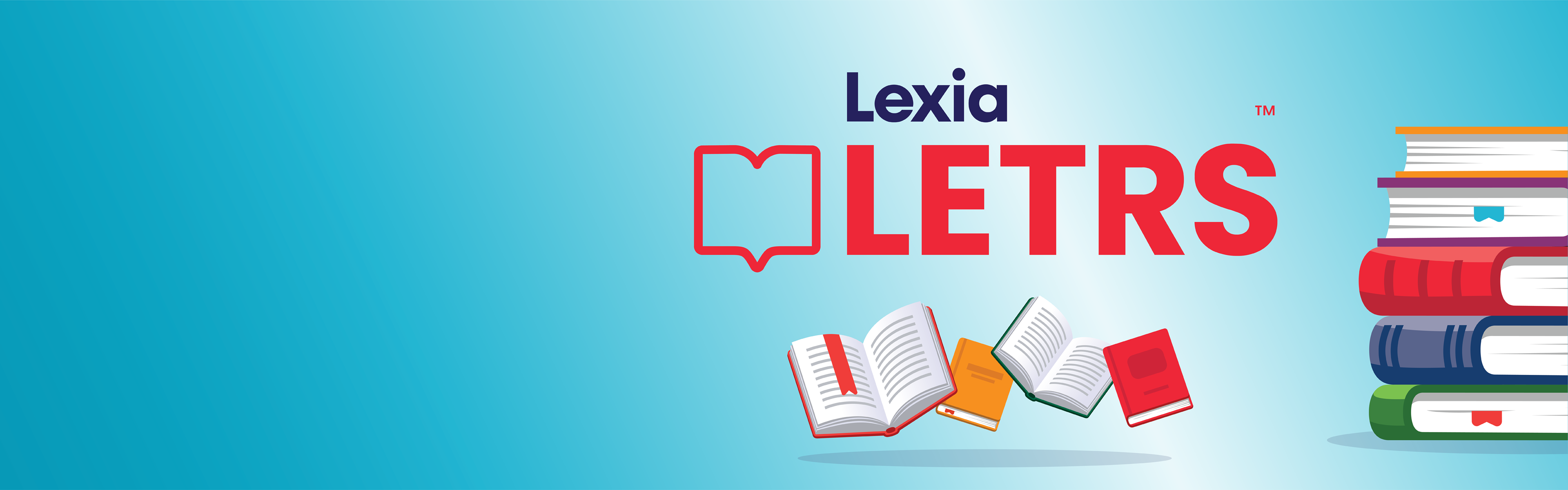 A stack of books on a blue background. The words "Lexia LETRS" is shown.