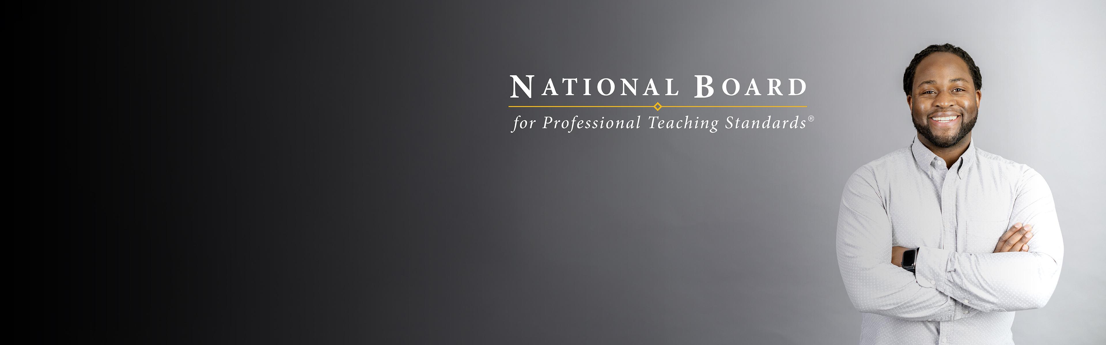 A man stands before a gray background.  The words "National Board Certification" are displayed.