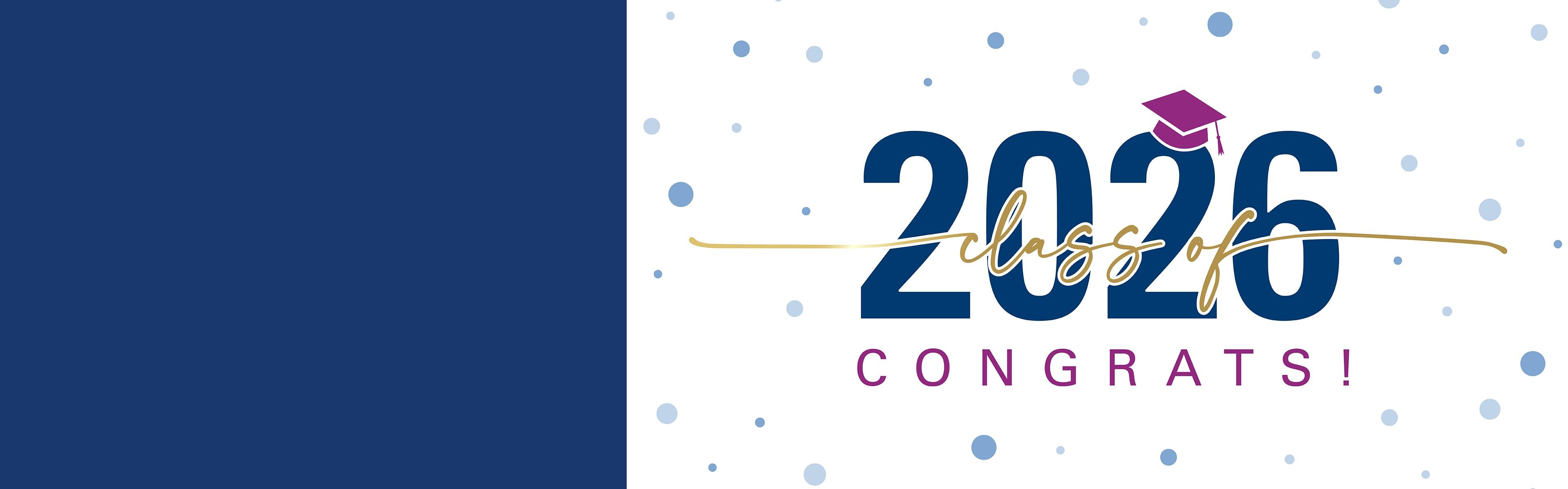 "Congrats Class of 2026" is shown with a graduate cap on a confetti background.