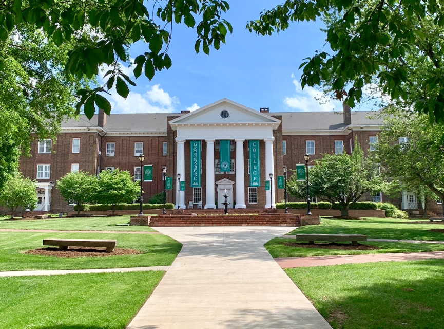 Greensboro College front campus with trees.