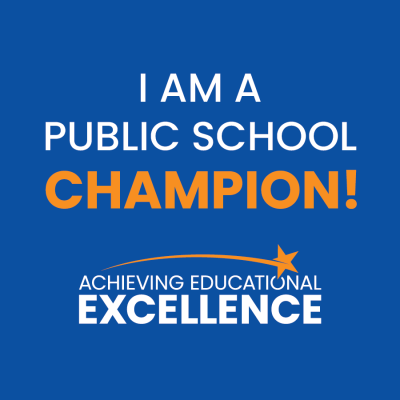 Blue block with the words "I am a Public School Champion!"