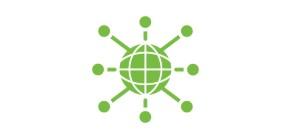 A globe icon in green with several orbiting dots.