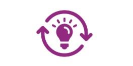 A purple lightbulb with arrows going around it.