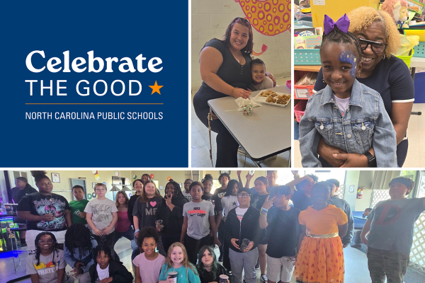 A collage of images of teachers and students from P.W. Moore Elementary School