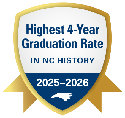 Gold seal with the words: Highest 4 Year Graduation Rate in NC History 25-26