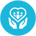 Hands holding a heart with three sillouettes inside on blue background.