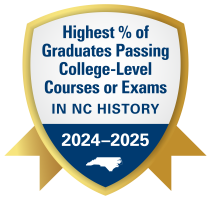 Gold seal with the words: Highest % of Grads Passing College-level Courses.